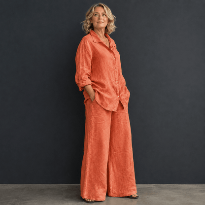 Women’s Linen Two Piece Set Long Sleeve Shirt & Wide Leg Trousers