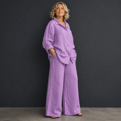 Women’s Linen Two Piece Set Long Sleeve Shirt & Wide Leg Trousers