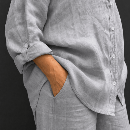 Women’s Linen Two Piece Set Long Sleeve Shirt & Wide Leg Trousers