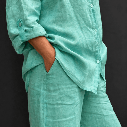 Women’s Linen Two Piece Set Long Sleeve Shirt & Wide Leg Trousers