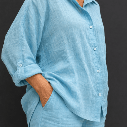 Women’s Linen Two Piece Set Long Sleeve Shirt & Wide Leg Trousers