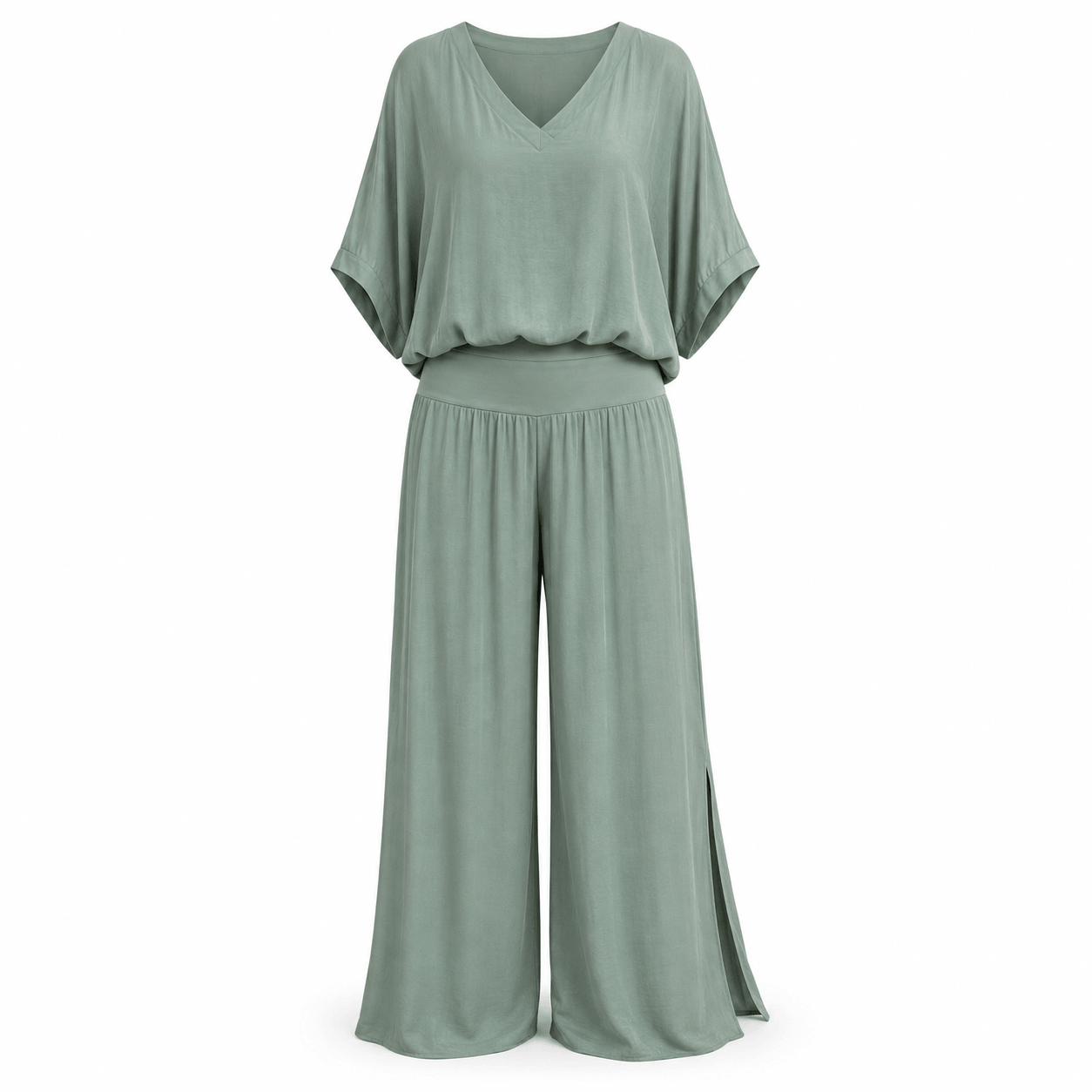 Women’s V-Neck Two Piece Co-Ord Set with Wide Leg Trousers
