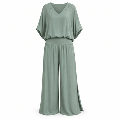 Women’s V-Neck Two Piece Co-Ord Set with Wide Leg Trousers