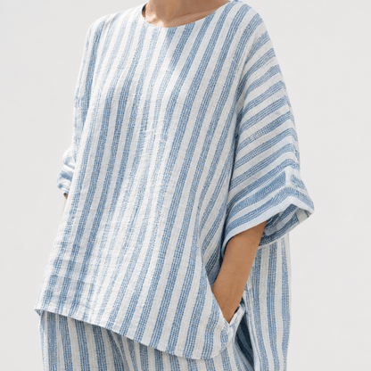 Women’s Striped Linen Two Piece Set Top & Wide Leg Cropped Trousers