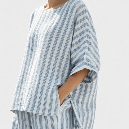 Women’s Striped Linen Two Piece Set Top & Wide Leg Cropped Trousers