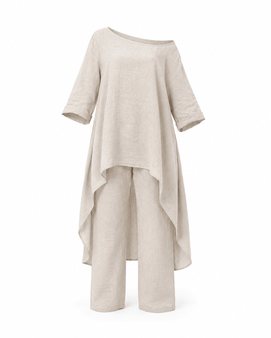 Women’s Linen Two Piece Co-Ord Set Asymmetric Top & Wide Leg Trousers