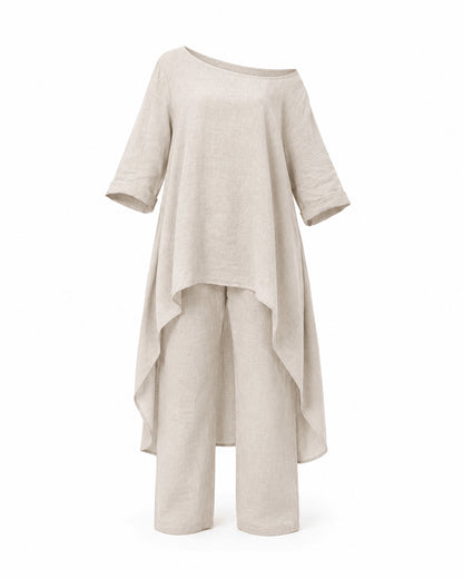 Women’s Linen Two Piece Co-Ord Set Asymmetric Top & Wide Leg Trousers