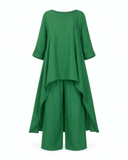 Women’s Linen Two Piece Co-Ord Set Asymmetric Top & Wide Leg Trousers