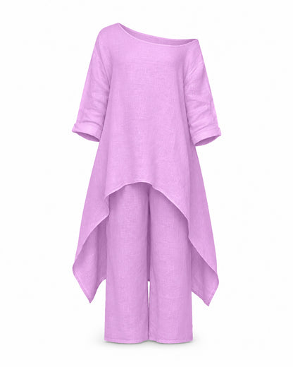 Women’s Linen Two Piece Co-Ord Set Asymmetric Top & Wide Leg Trousers