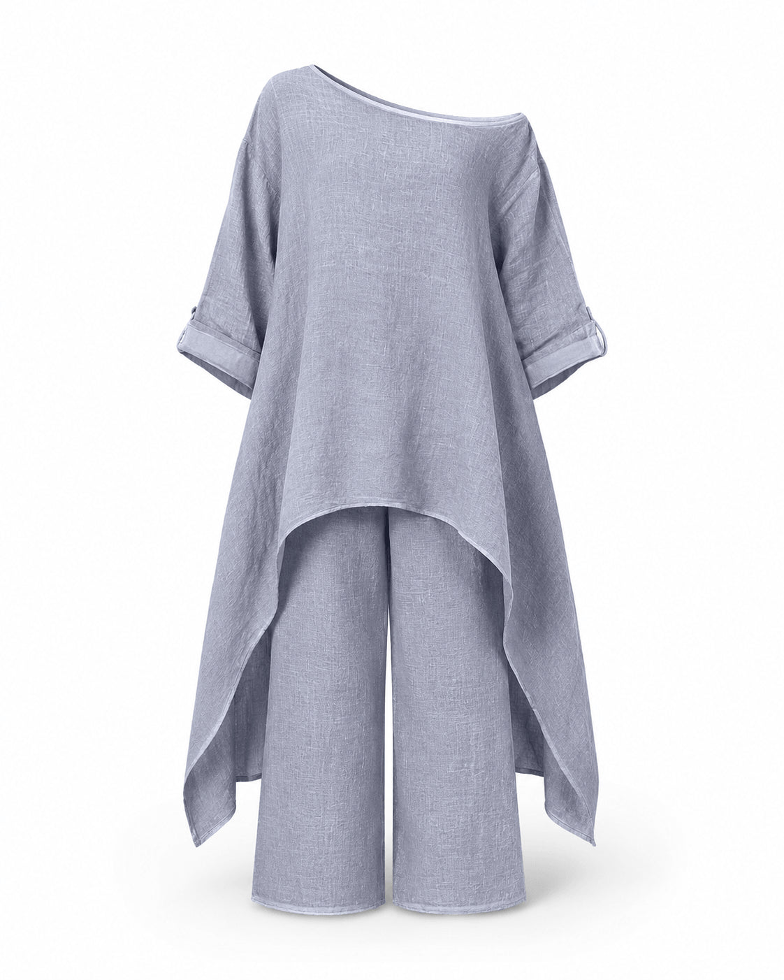 Women’s Linen Two Piece Co-Ord Set Asymmetric Top & Wide Leg Trousers