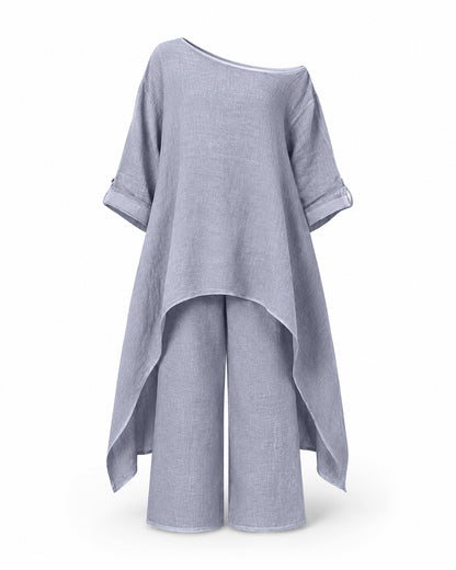 Women’s Linen Two Piece Co-Ord Set Asymmetric Top & Wide Leg Trousers