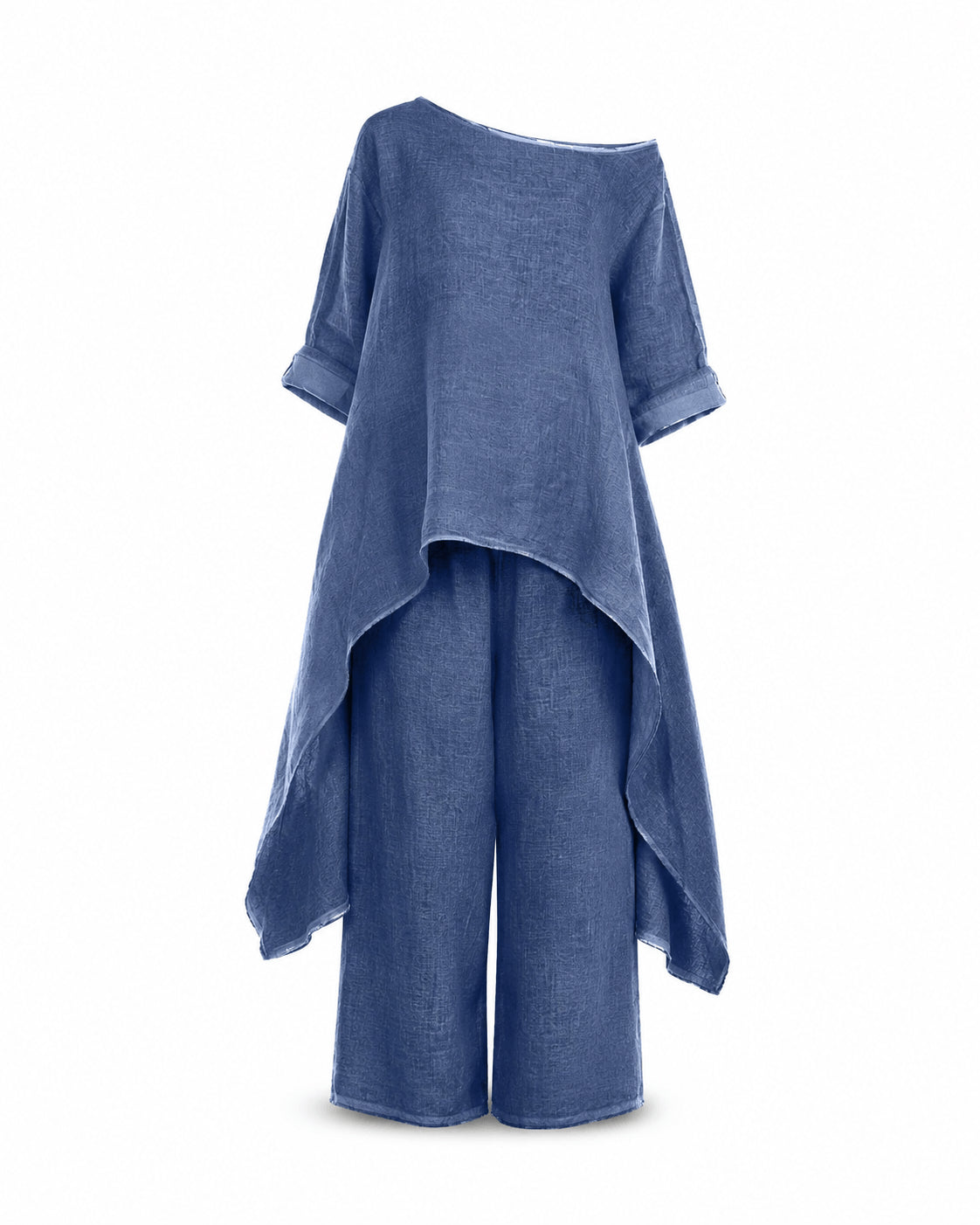 Women’s Linen Two Piece Co-Ord Set Asymmetric Top & Wide Leg Trousers