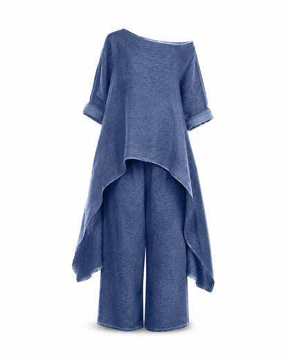 Women’s Linen Two Piece Co-Ord Set Asymmetric Top & Wide Leg Trousers