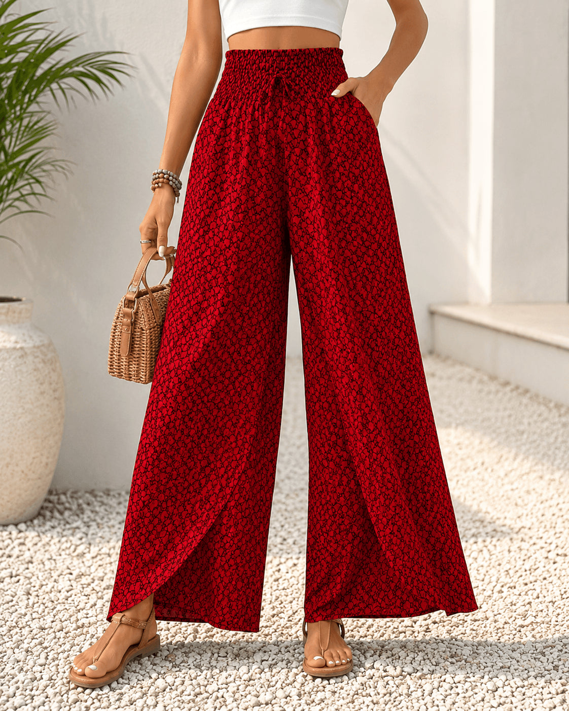 Women’s Printed Drawstring Wide Leg Trousers