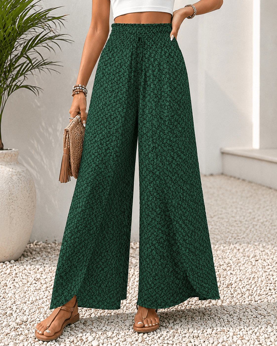 Women’s Printed Drawstring Wide Leg Trousers