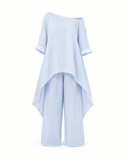 Women’s Linen Two Piece Co-Ord Set Asymmetric Top & Wide Leg Trousers
