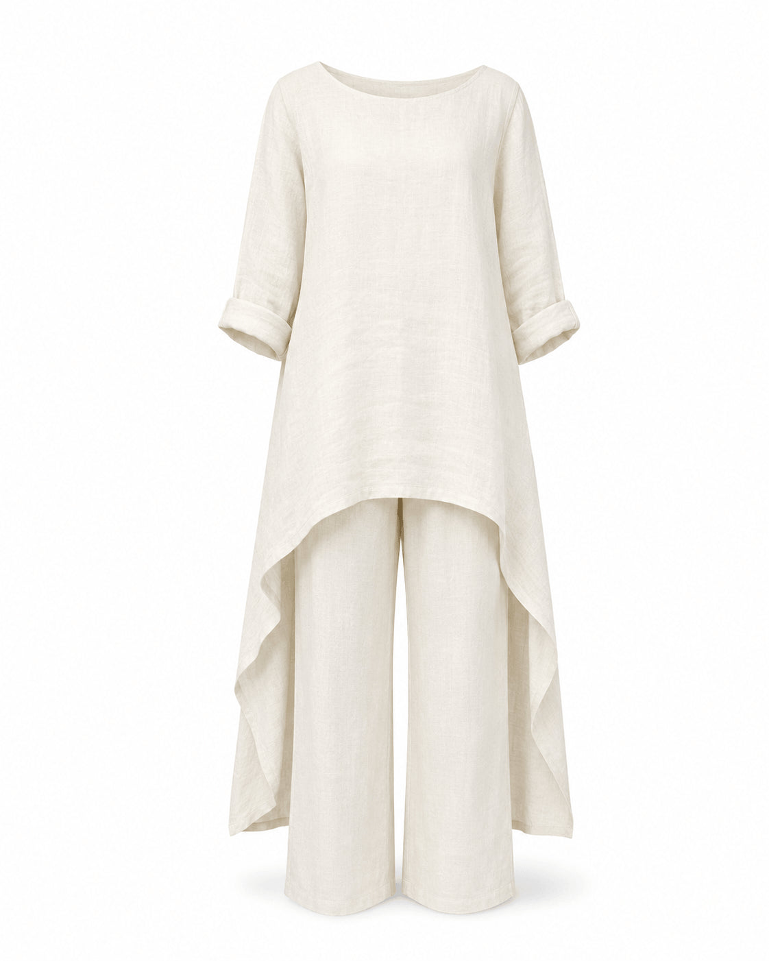 Women’s Linen Two Piece Co-Ord Set Asymmetric Top & Wide Leg Trousers