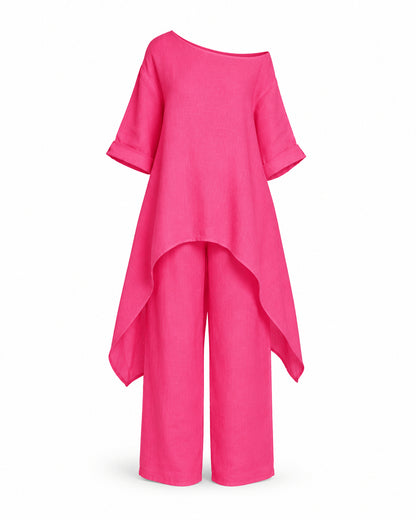 Women’s Linen Two Piece Co-Ord Set Asymmetric Top & Wide Leg Trousers