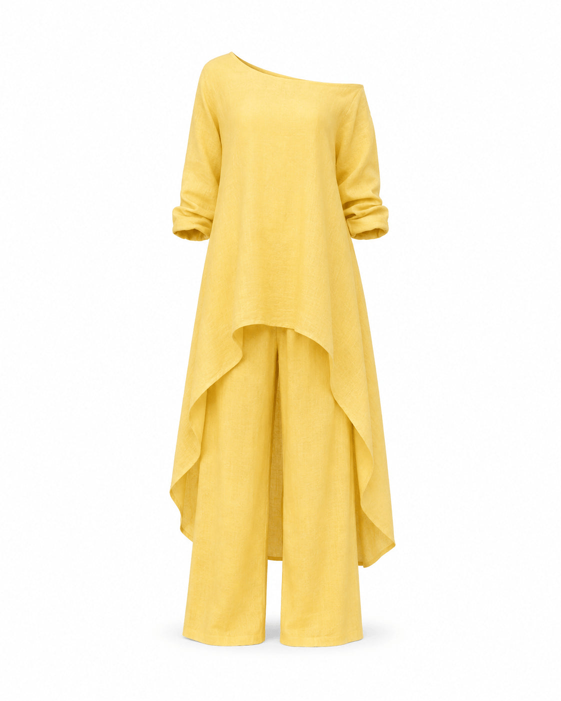 Women’s Linen Two Piece Co-Ord Set Asymmetric Top & Wide Leg Trousers