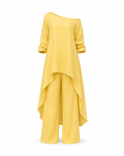 Women’s Linen Two Piece Co-Ord Set Asymmetric Top & Wide Leg Trousers