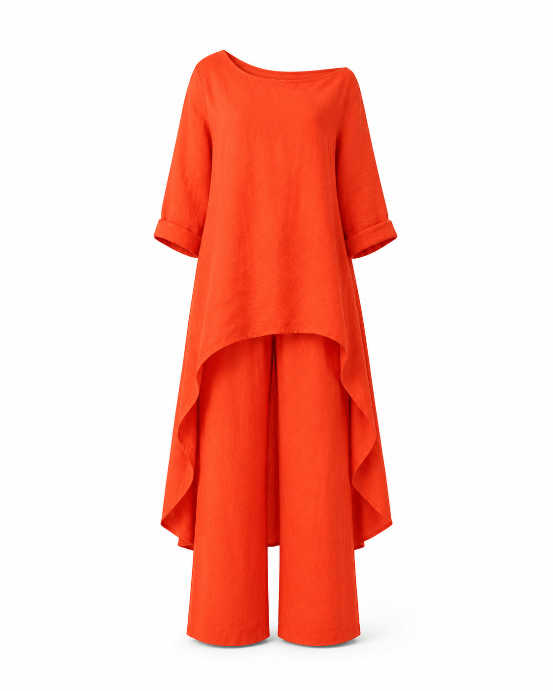 Women’s Linen Two Piece Co-Ord Set Asymmetric Top & Wide Leg Trousers