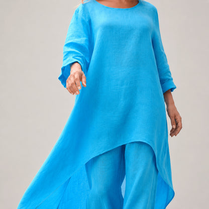 Women’s Linen Two Piece Co-Ord Set Asymmetric Top & Wide Leg Trousers
