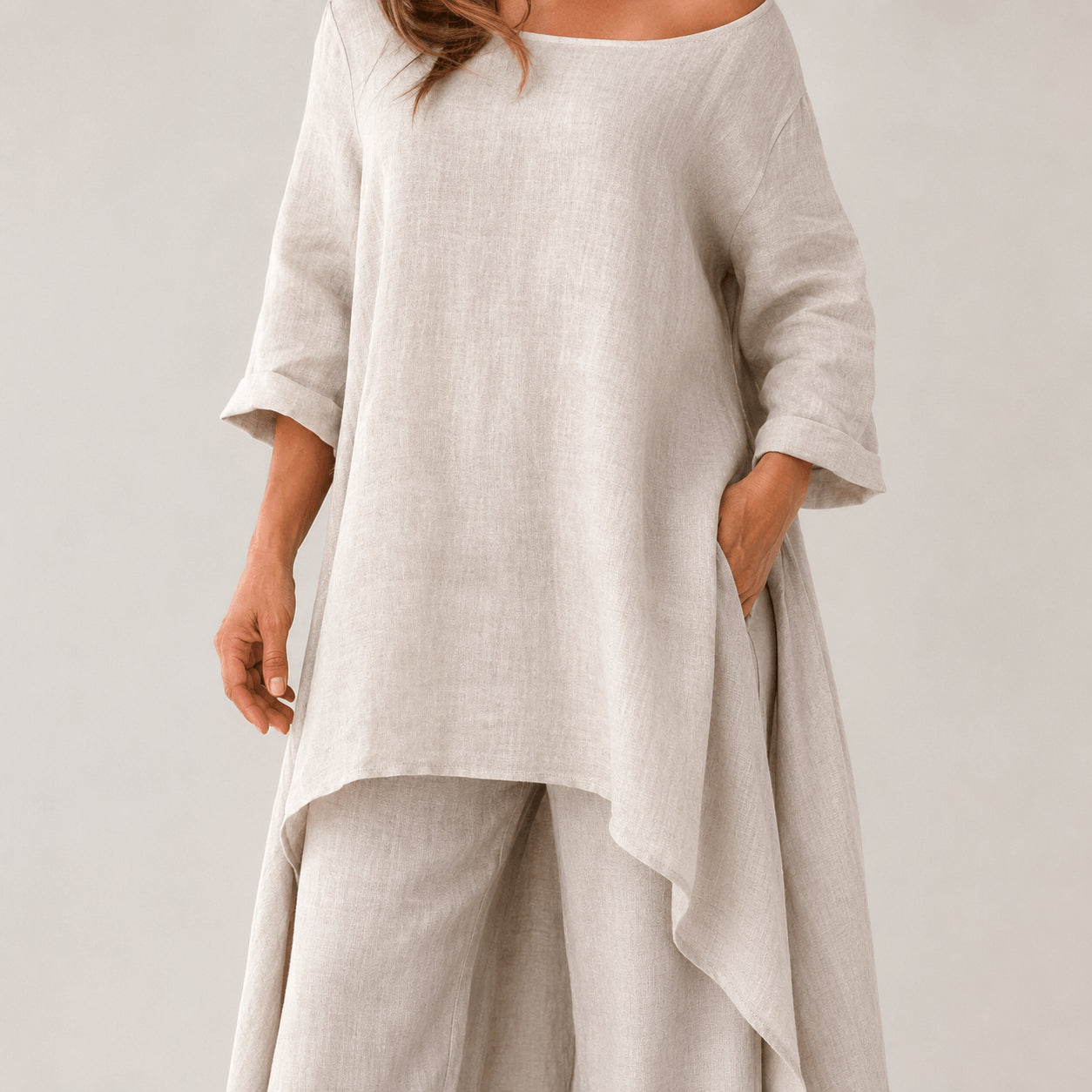 Women’s Linen Two Piece Co-Ord Set Asymmetric Top & Wide Leg Trousers