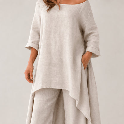 Women’s Linen Two Piece Co-Ord Set Asymmetric Top & Wide Leg Trousers