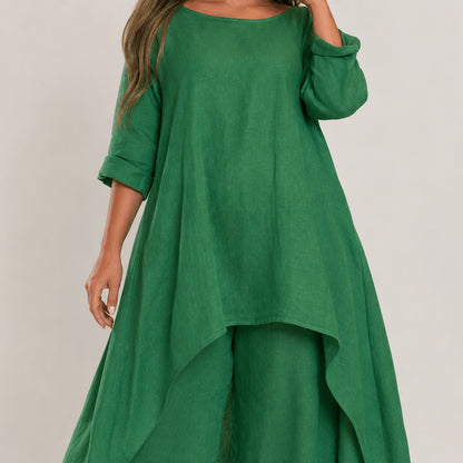 Women’s Linen Two Piece Co-Ord Set Asymmetric Top & Wide Leg Trousers