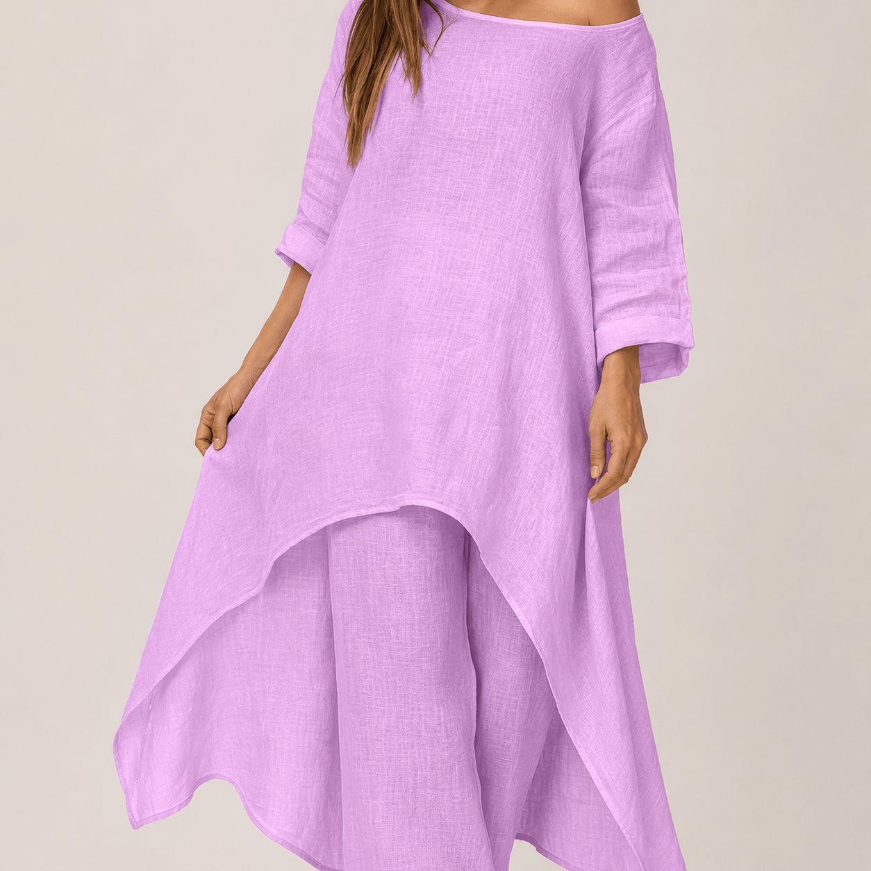 Women’s Linen Two Piece Co-Ord Set Asymmetric Top & Wide Leg Trousers