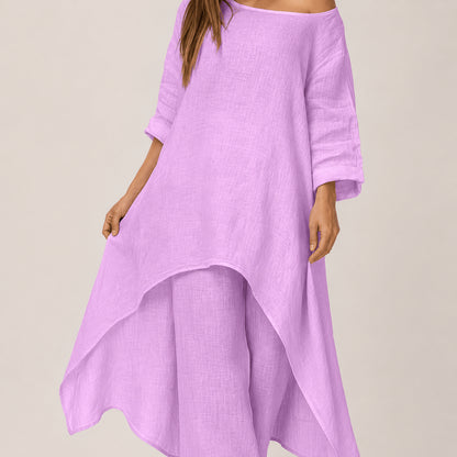 Women’s Linen Two Piece Co-Ord Set Asymmetric Top & Wide Leg Trousers