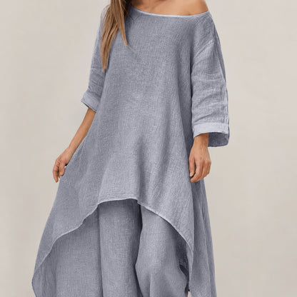 Women’s Linen Two Piece Co-Ord Set Asymmetric Top & Wide Leg Trousers
