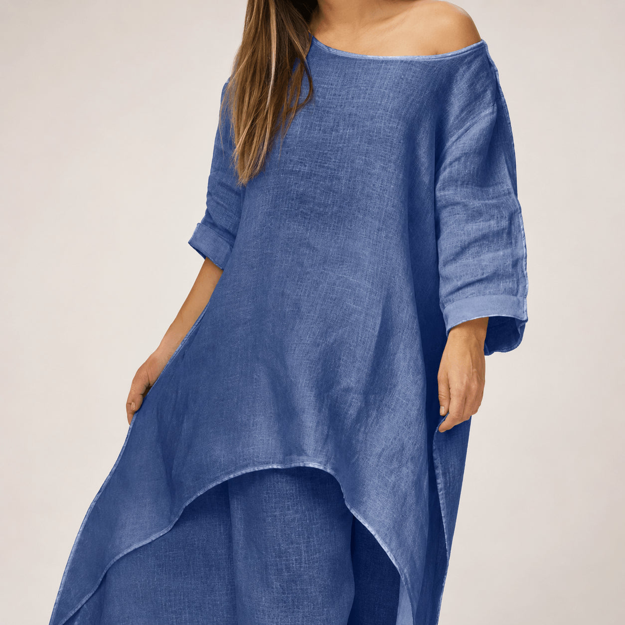 Women’s Linen Two Piece Co-Ord Set Asymmetric Top & Wide Leg Trousers