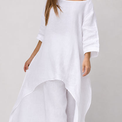 Women’s Linen Two Piece Co-Ord Set Asymmetric Top & Wide Leg Trousers