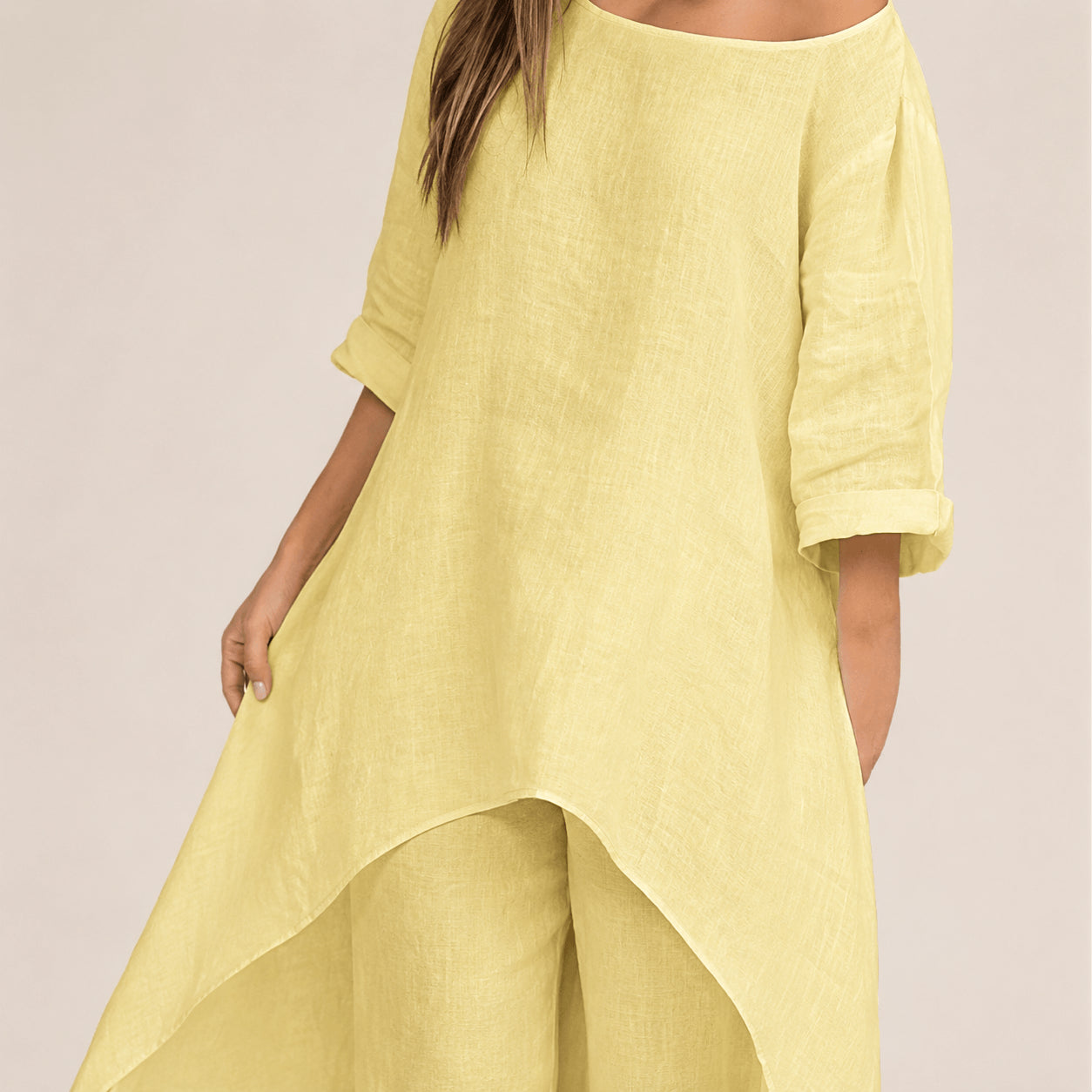 Women’s Linen Two Piece Co-Ord Set Asymmetric Top & Wide Leg Trousers