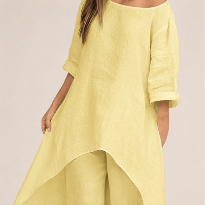 Women’s Linen Two Piece Co-Ord Set Asymmetric Top & Wide Leg Trousers