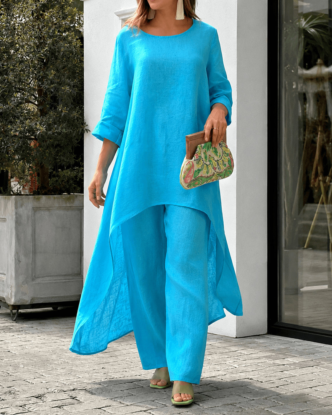 Women’s Linen Two Piece Co-Ord Set Asymmetric Top & Wide Leg Trousers