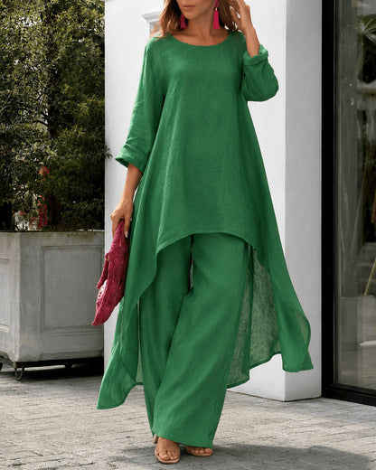 Women’s Linen Two Piece Co-Ord Set Asymmetric Top & Wide Leg Trousers