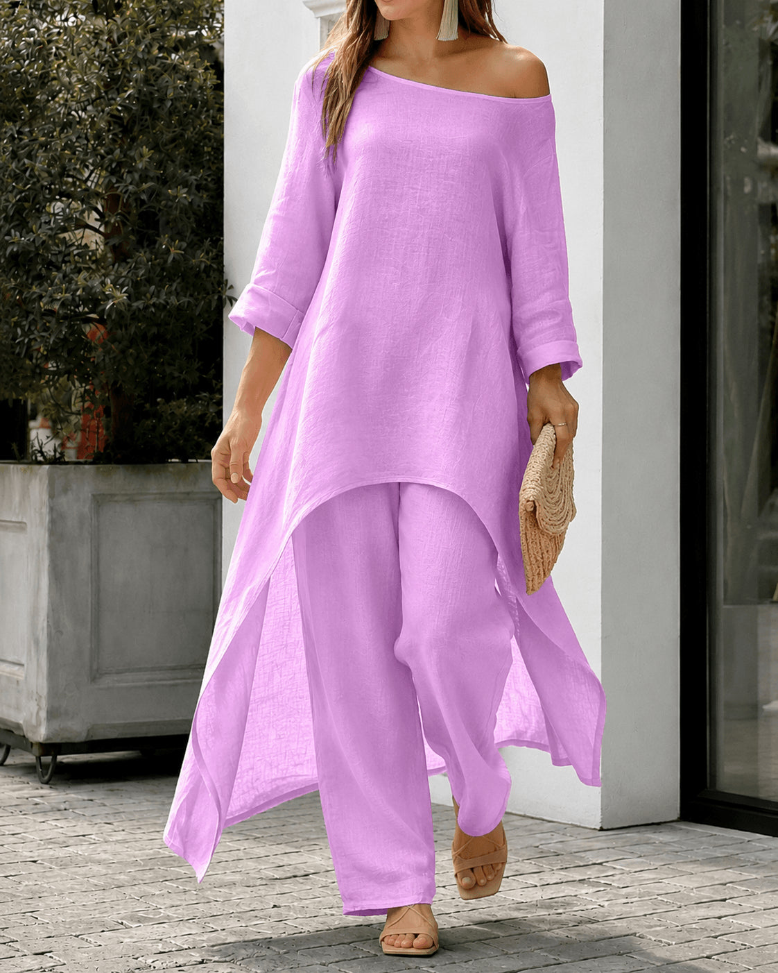 Women’s Linen Two Piece Co-Ord Set Asymmetric Top & Wide Leg Trousers