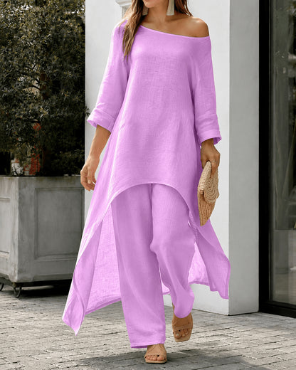 Women’s Linen Two Piece Co-Ord Set Asymmetric Top & Wide Leg Trousers