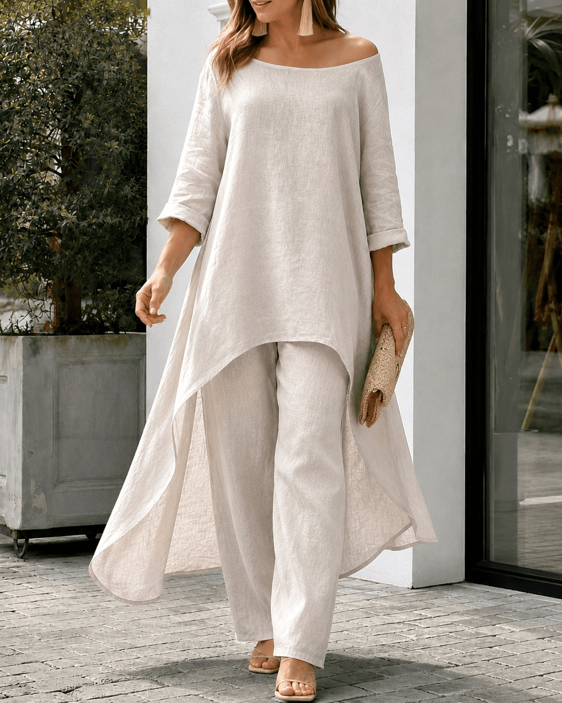 Women’s Linen Two Piece Co-Ord Set Asymmetric Top & Wide Leg Trousers