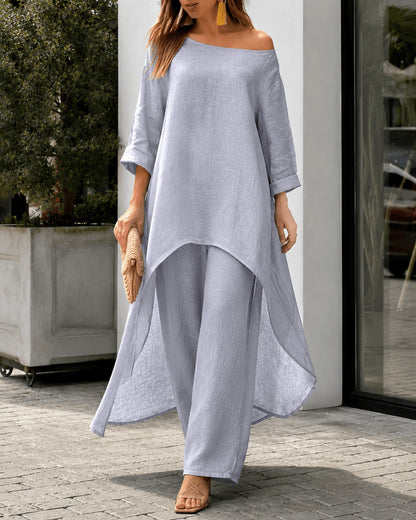 Women’s Linen Two Piece Co-Ord Set Asymmetric Top & Wide Leg Trousers