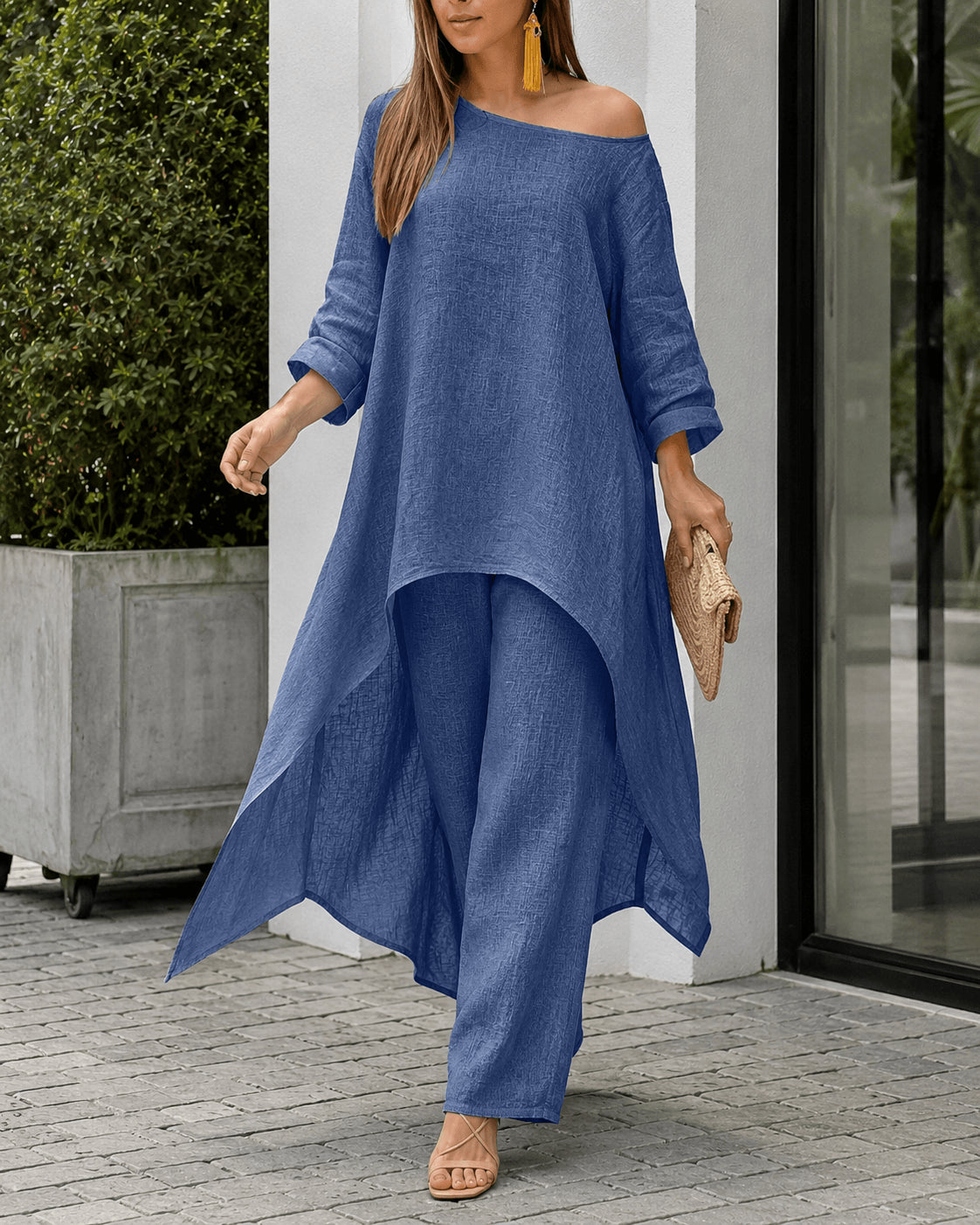 Women’s Linen Two Piece Co-Ord Set Asymmetric Top & Wide Leg Trousers