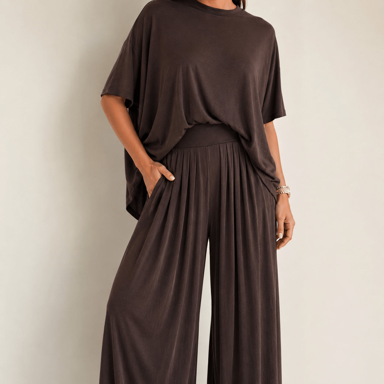 Women’s Two Piece Co-Ord Set Casual Top & Wide Leg Trousers