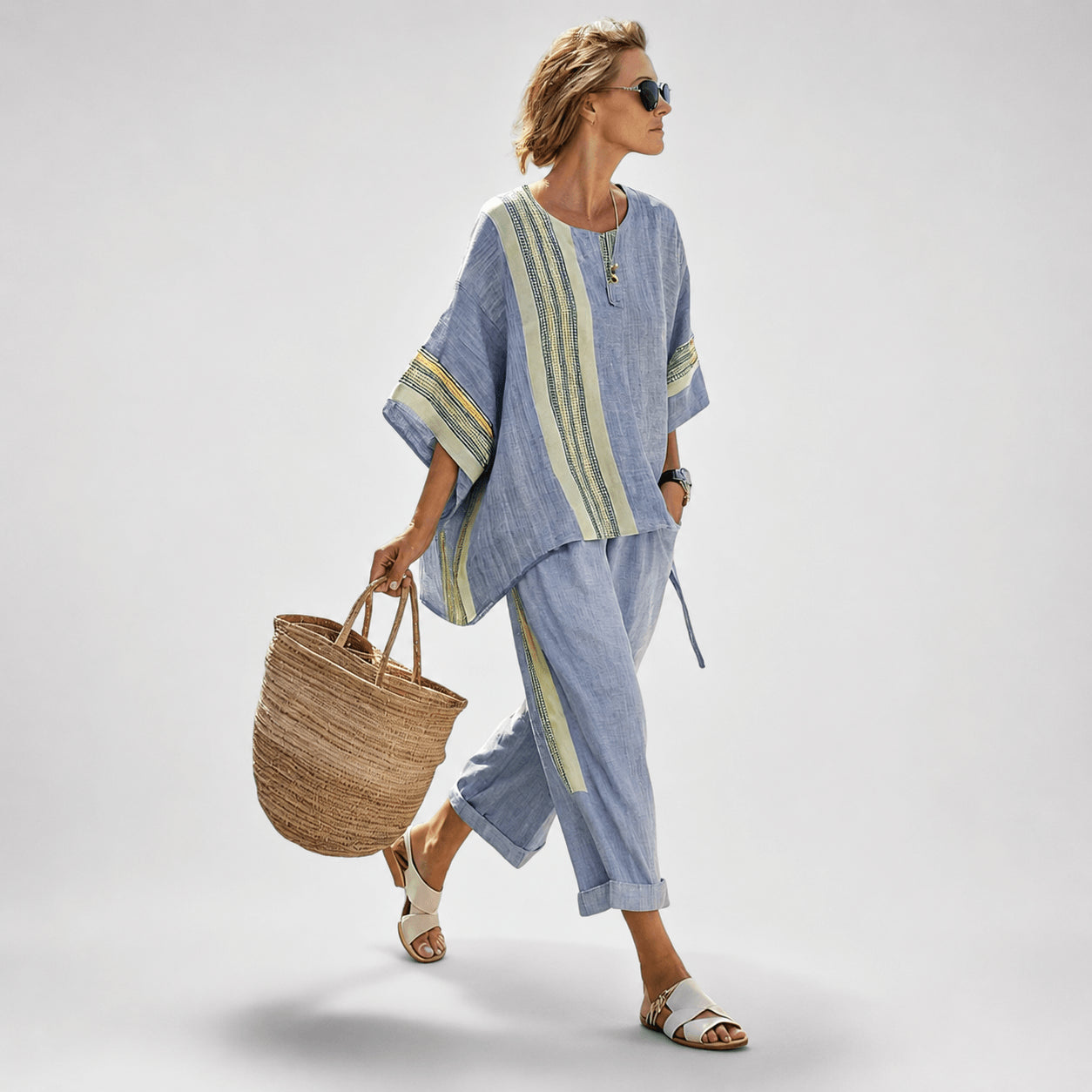 Women’s Linen Contrast Trim Co-Ord Set with Wide Leg Trousers