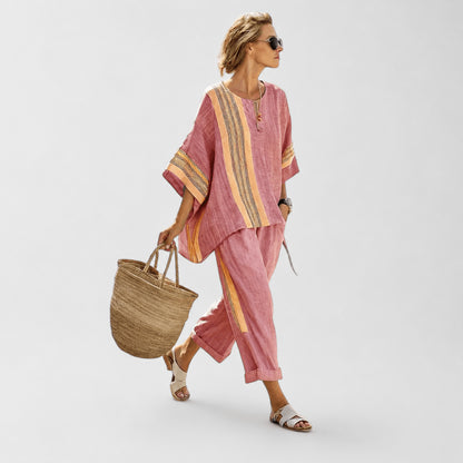 Women’s Linen Contrast Trim Co-Ord Set with Wide Leg Trousers