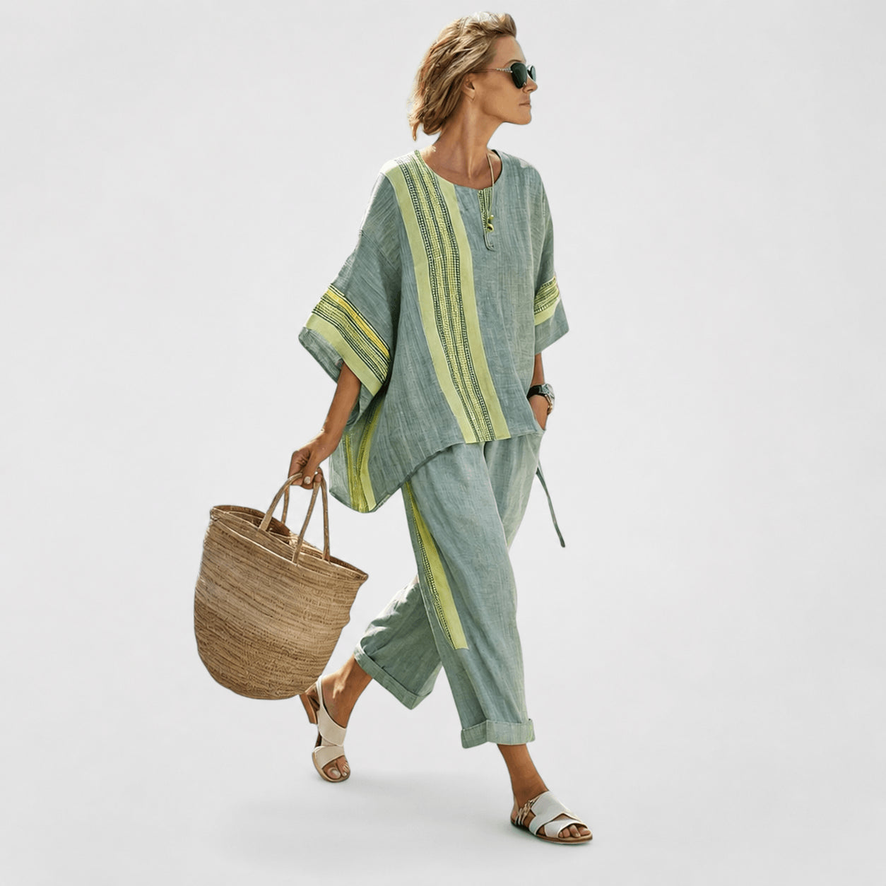 Women’s Linen Contrast Trim Co-Ord Set with Wide Leg Trousers