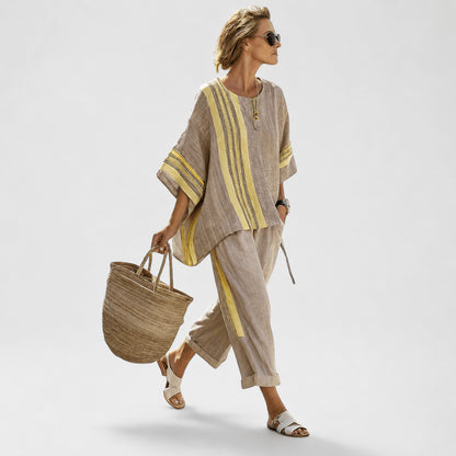 Women’s Linen Contrast Trim Co-Ord Set with Wide Leg Trousers