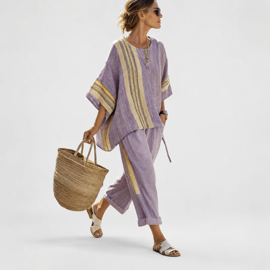 Women’s Linen Contrast Trim Co-Ord Set with Wide Leg Trousers