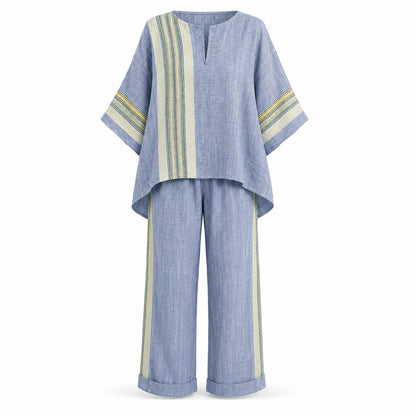 Women’s Linen Contrast Trim Co-Ord Set with Wide Leg Trousers